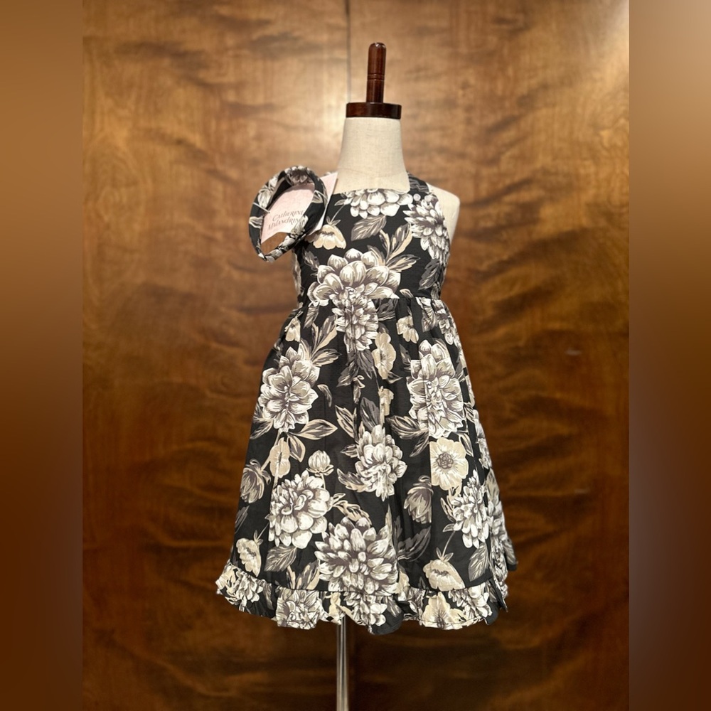 Catherine Malandrino Ruffled Floral Dress & Headband Set Girls 6 Black & Gray